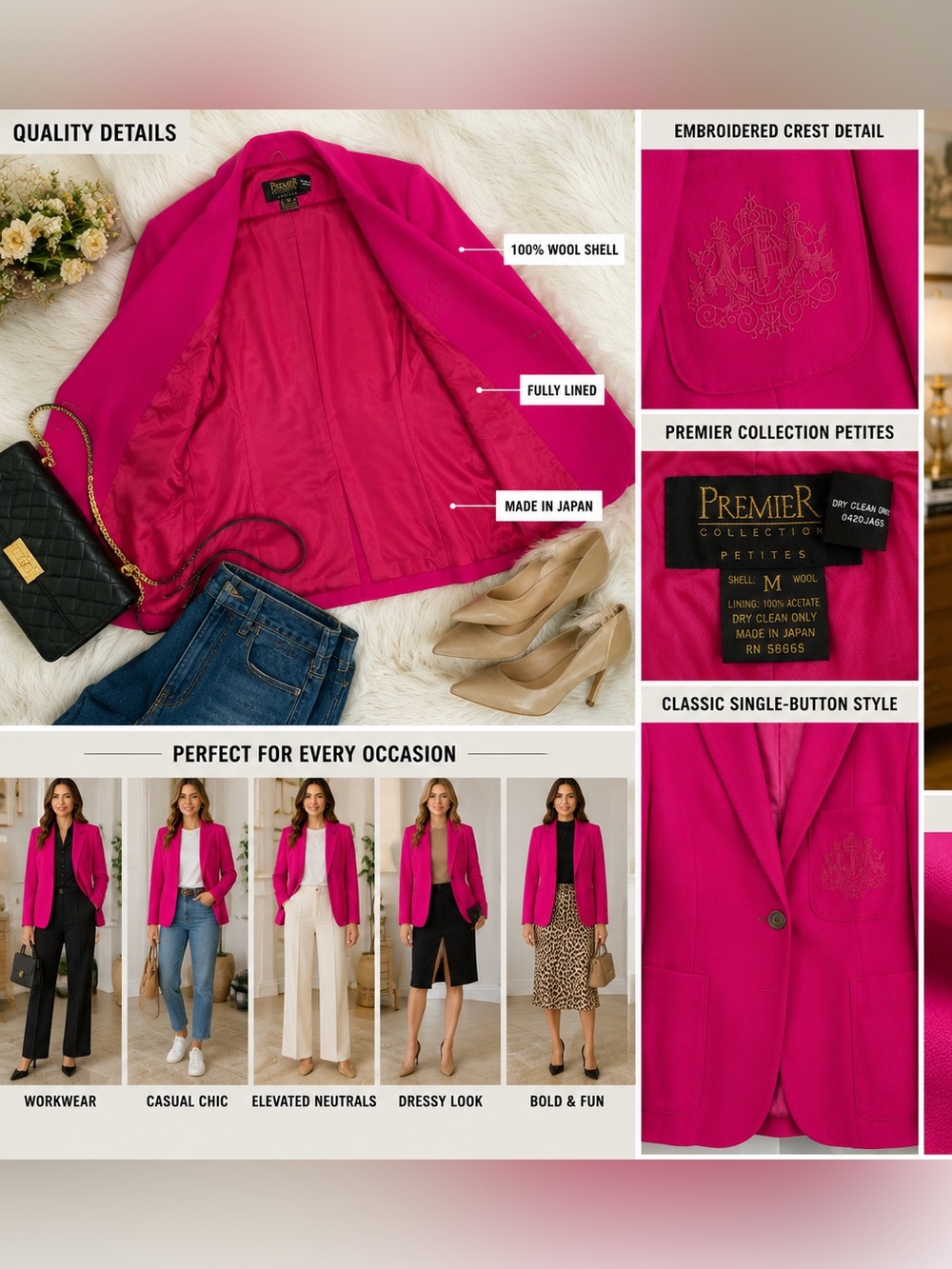 Vintage Premier Collection Petites Hot Pink 100% Wool Oversized Blazer M Japan - Picture 4 of 9